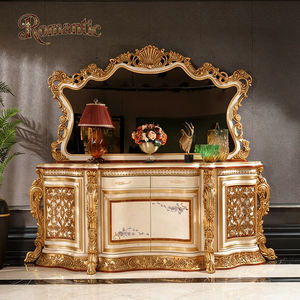 Aparador de Lujo Estilo Europeo Real, Acabado Crema y <span class=keywords><strong>Dorado</strong></span>, Tallado a Mano con Filigrana Dorada, Mueble Buffet de Madera Maciza con <span class=keywords><strong>Espejo</strong></span> para Villa - Product Image 1