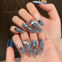 Uñas postizas vintage de arte de uñas, azules vaqueros, largas, estilo ataúd, hechas a mano, con diseño de gato