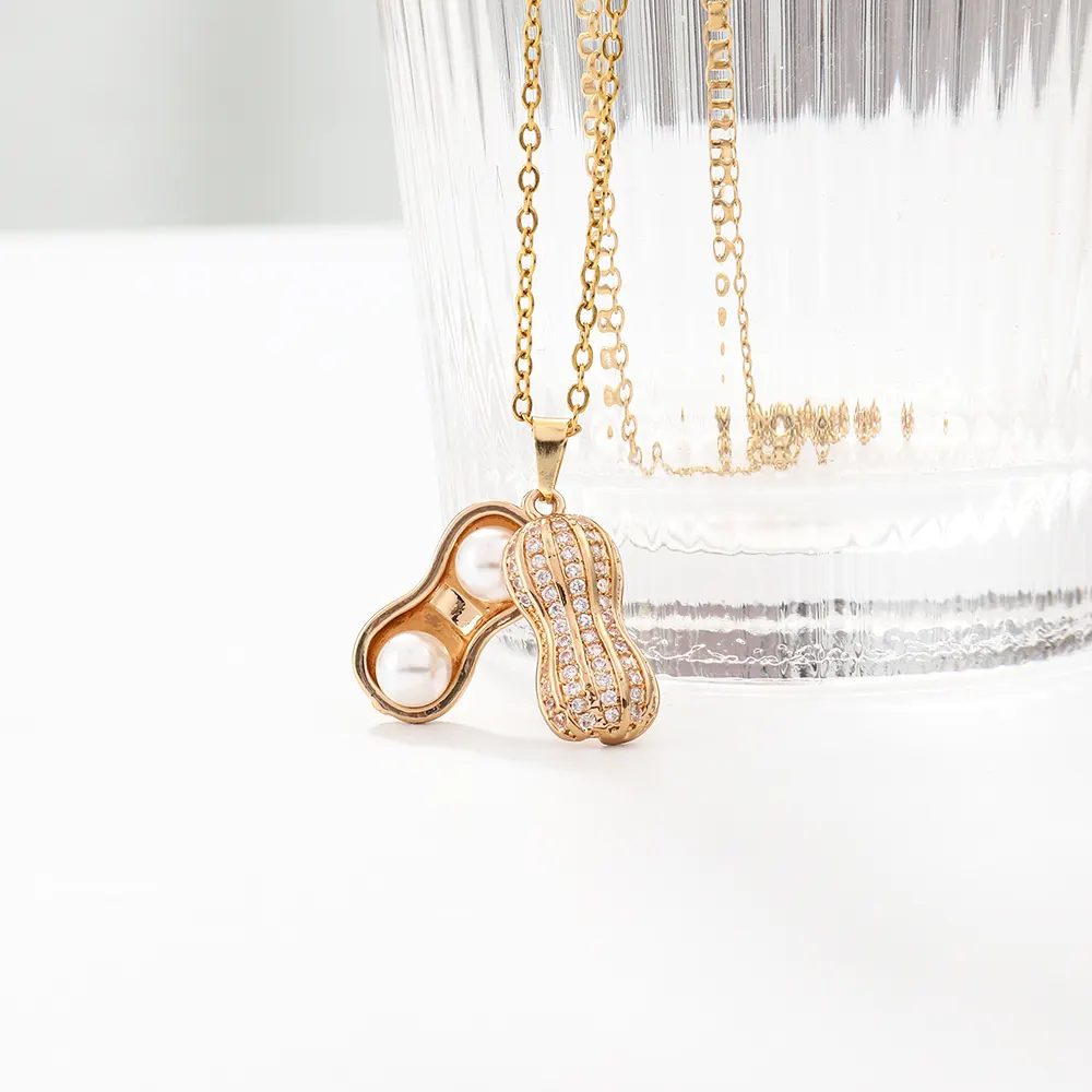 Wholesale Fashion Women Jewelry Gold Peanut Zircon Pendant Necklace Dainty Vintage Stainless Steel Chain Pearl Necklace