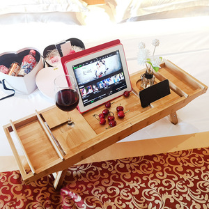 Étagère de bain en bambou avec repose-pieds, porte-vin rétractable et mobile, rangement de salle de bain, usage adulte - Product Image 1