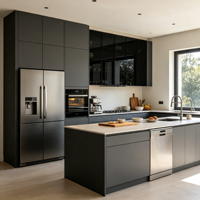Meubles de cuisine de luxe en contreplaqué sur mesure avec panneaux encastrés, portes vitrées modernes modulaires intégrées, rangement de garde-manger, écologiques