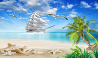 Papier Peint Mural Personnalisé 3D Plage Voilier Cocotier Paysage Marin Salon Décoratif Autocollant Amovible