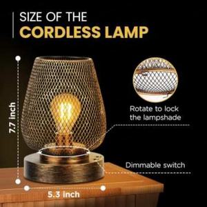 Lámpara de Mesa Retro Tipo Linterna, Recargable por USB, Inalámbrica, de Metal, Funciona con Batería, para Lectura en Exteriores o Junto a la Cama - Product Image 2