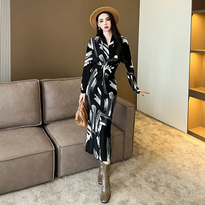 ZYHT 6054 New Design Spring Women's French Fashion Printed Satin Casual Shirt Dress Waist Slim Long Sleeve Slim Retro Dresses