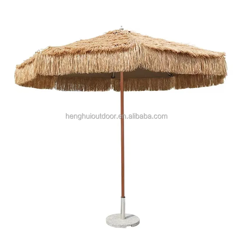 Hawaii Tropical Synthetic Thatch Tiki Tilt Straw Raffia Beach Umbrellas with Wood Painted Effect Pole garden umbrellas