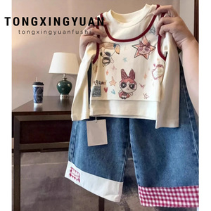 Tongxingyuan Girls Two Piece Cartoon T Shirt And Jeans Set Long Sleeve Cotton Spring Autumn Outfit - Product Image 1