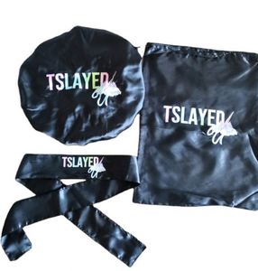 Ensemble de bonnets et foulards en soie avec bande à nouer, grand sac fourre-tout en satin avec cordon de serrage, pochette pour cheveux, personnalisable avec logo promotionnel - Product Image 1