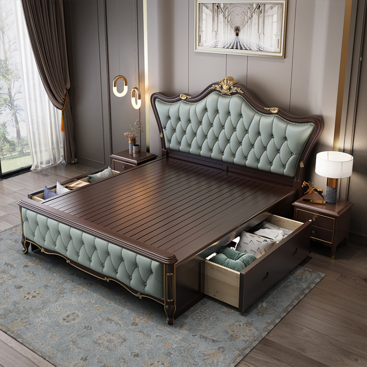 High Quality Luxury Solid Wood Queen Size Bed Wooden Bed Frames Bedroom Furniture Set