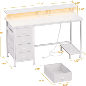 Bàn Máy tính văn phòng tại nhà với đèn LED toàn màn hình đứng Kệ tối giản bàn học tập màu trắng với 4 ngăn kéo vải - Product Image 3