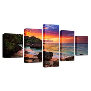 Toile de paysage imprimée photo elsa, 5 panneaux, décoration, affiche du coucher du soleil, peinture artistique murale, vagues de plage moderne