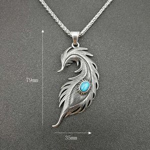 Collier avec pendentif plume en acier inoxydable avec pierre turquoise, bijoux de mode unisexe - Product Image 2