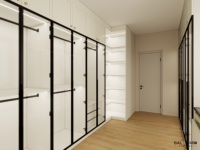 Système de dressing sur mesure BALOM de luxe, armoires blanches, cadre noir, portes en verre avec étagères, tiroirs et rangements suspendus