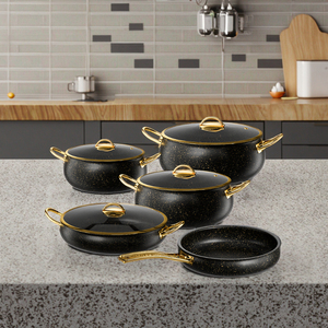 Utensilios de cocina negros antiadherentes de mármol personalizados con pintura de alta temperatura Acabado dorado de acero inoxidable 304 Cuerpo de triple capa - Product Image 1
