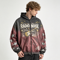 Hoodie Zipper Heavyweight Distressed Dirty Spray Streetwear dengan Cetakan Bintang Gitar Radio Noise, Pesanan Grosir B2B Siap Kirim