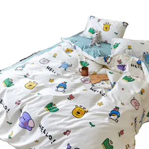 cartoon four piece bedding set cute cotton bed sheet set animal printed bed cover set for hotel home