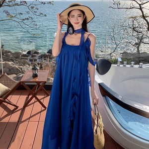 Klein Blue Chiffon <b>Spaghetti</b> <b>Strap</b> Pencil Silhouette Maxi Dress Loose Backless Breathable Holiday Beach Vacation Women's Casual - Product Image 5