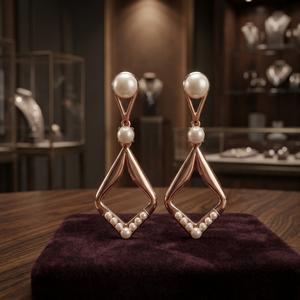 Pendientes Colgantes Geométricos de Oro Rosa con Perlas y Baño de Rodio para Fiesta, Boda o Regalo - Product Image 2