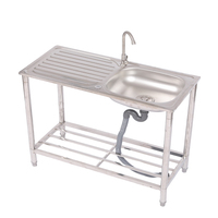 Évier de cuisine portable en acier inoxydable à cuve unique, lavabo de jardin extérieur autoportant avec étagère de rangement pour produits de nettoyage