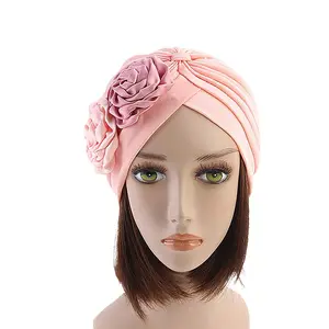 Venta al por mayor poliéster doble flor grande volante turbante Color sólido diademas mujeres turbante sombrero para la pérdida de pelo sombrero gorra