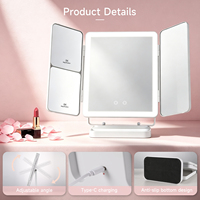Miroir de maquillage LED pliable à trois volets avec grossissement 1X 3X 5X, boîte de rangement, base, angle réglable, rechargeable par Type-C
