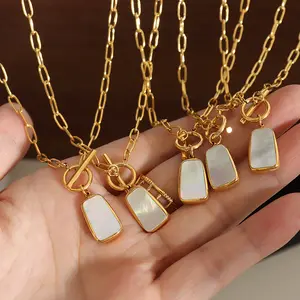 Wholesale 18k Gold Plated Stainless Steel Necklace Non Tarnish Free Waterproof Geometric White Shell Hoop Earrings Jewelry Set