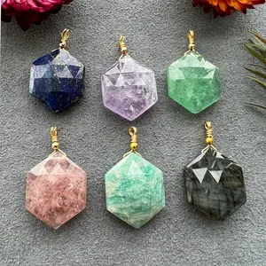 Natural stone pendant faceted hexagonal amethyst pendant semi- precious stone pendant diy