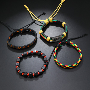 Ensemble de bracelets tressés en fer rouge, vert et jaune style Jamaïque avec breloque en alliage feuille d'érable et pierre naturelle - Product Image 2