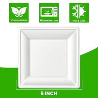 Assiettes carrées biodégradables certifiées BPI de 6 pouces, assiettes jetables résistantes, assiettes écologiques en pulpe de canne à sucre, assiette carrée pour le dîner
