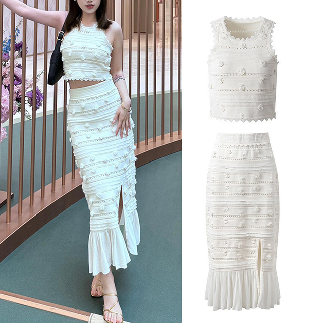 Elegant Knitted Outfits Sleeveless Crop Top and Midi Skirt Dress 2 Piece Set for Women
