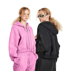 Sudadera con capucha estilo retro para mujer, color liso, lavada, con cremallera, estilo corto, para chicas modernas - Product Image 2