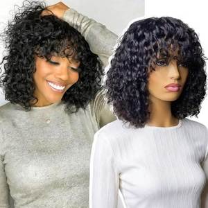 Promotion $32 Water Wave <b>Wig</b> Human Hair 12 Inch Curly <b>Bob</b> <b>Wig</b> with Bangs 200 Density Machine Made <b>Wig</b> With Fringe for Women - Product Image 1
