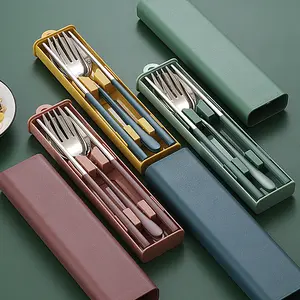 Customized Logo Gift Dinner Tableware Camping Spoon Fork Chopstick Set Stainless Steel 304 Portable Travel Cutlery Set With Case