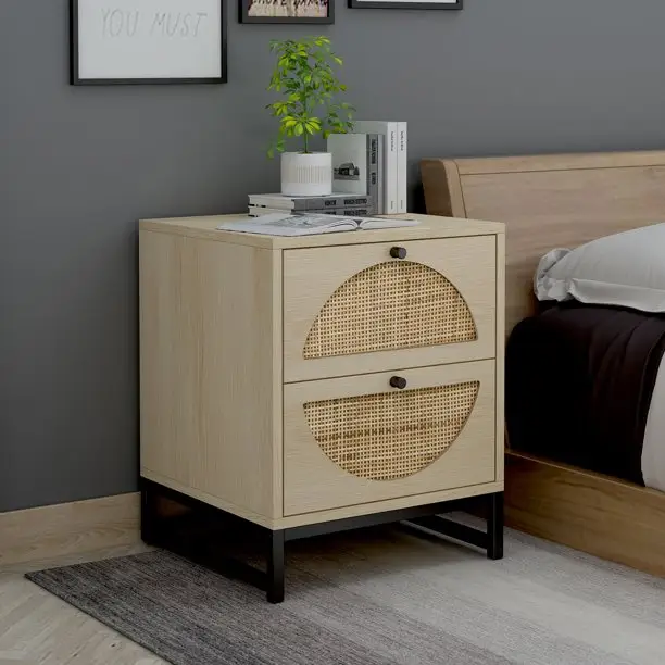 Modern Wooden Night Stand End Side Bedside Table with 2 Rattan Drawers, Side Table Nightstand for Bedroom Living Room