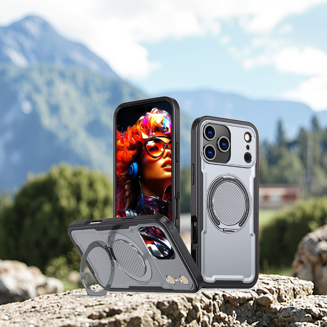 Cross-Border Application IPhone17promax Armor Magnetic  360 Rotation Damping Bracket Protective Cover with Stand