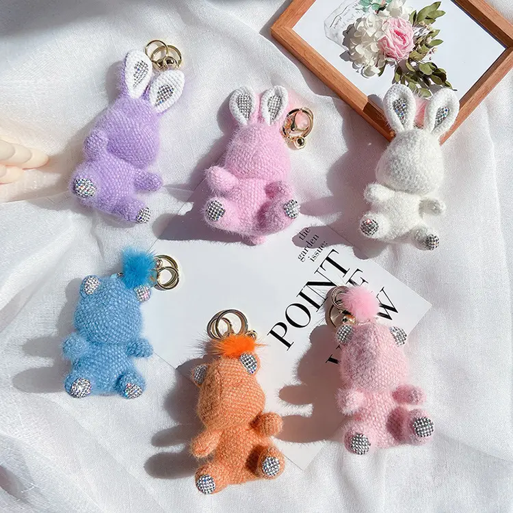 Hot New Lovely Plush Bear Pendant Cute pompon Ball Bunny portachiavi con orecchio di cristallo (KC371C)