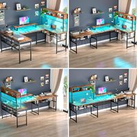 Bureau de jeu et de bureau portable en MDF et métal, convertible en forme de L, avec prises électriques intégrées, bande LED et support d'écran