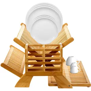 Bamboo dish rack wooden 2 tier folding Drainer drying plate racks for kitchen