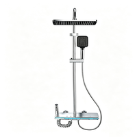 Ensemble de douche 4 fonctions en aluminium spatial électroplaqué avec commande par bouton, lumière d'ambiance, douchette fixe et douchette à main pour salle de bain