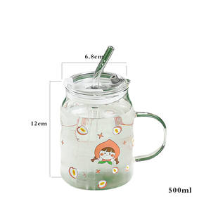 500ml Little Cute Cartoon Glass Printed Juice Coffee misurini colorati bicchiere in vetro trasparente smerigliato con coperchio e St - Product Image 4