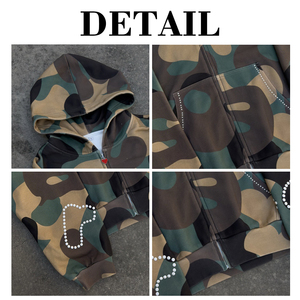 เสื้อฮู้ดดี้โอเวอร์ไซส์ผ้าเฟรนช์เทอร์รี่พิมพ์ลายพรางตัวอักษร 500 GSM แต่งโลโก้ตามสั่ง ประดับมุกและคริสตัล ซิปหน้า ผ้าฟลีซ - Product Image 6