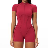 Ensemble 2 pièces pour femme, combinaison à manches courtes avec fermeture éclair sur le devant, effet ventre plat et rehaussement des fesses, tenue de sport, gym, fitness, yoga, couleur unie