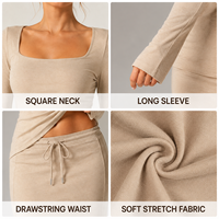 Ensemble jupe OEM pour femme, beige, côtelé, col carré, haut à manches longues, jupe longue à cordon de serrage, ensemble deux pièces décontracté contemporain