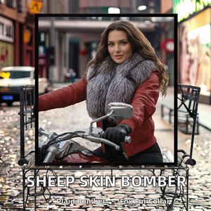 Chaqueta Bomber de Cuero Genuino de Oveja para Mujer con Cuello de Piel, Patrón a Cuadros, Transpirable, Cuello Desmontable, Cierre de Cremallera, Satinado - Product Image 2