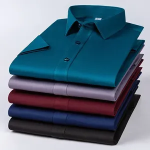 Camicie Casual estive da <span class=keywords><strong>uomo</strong></span> <span class=keywords><strong>Slim</strong></span> <span class=keywords><strong>Fit</strong></span> traspiranti e tinte in filo a manica corta <span class=keywords><strong>abiti</strong></span> formali da ufficio con elasticità - Product Image 1