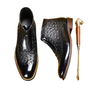 S8473F 2024 Explosion leather ostrich pattern pressing flower zipper pointed Martin Liang leather -colored men's shoes