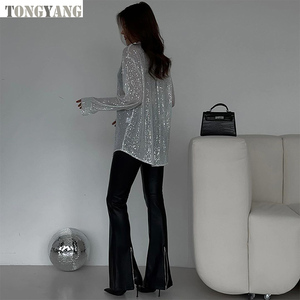 TONGYANG <strong>Sequin</strong> Turndown Collar Women's Oversize Shirt Casual Sparkle Glitter Loose <strong>Long</strong> <strong>Sleeve</strong> 2024 Spring <strong>Silver</strong> Vintage Shirt - Product Image 3