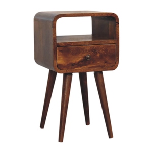 Solid Wood Mini Curve Bedside 1 Drawer 1 Open Slot <b>Chestnut</b> Brown Nightstand Bedroom Storage - Product Image 3