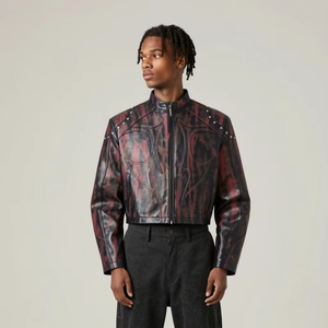 Giacca in <span class=keywords><strong>Pelle</strong></span> Nera Corta con Colletto Rialzato e Finitura Cerata a Mano, Stile Biker, Giacca Casual da Uomo di Design, <span class=keywords><strong>Puffer</strong></span> Invernale in <span class=keywords><strong>Pelle</strong></span> - Product Image 1