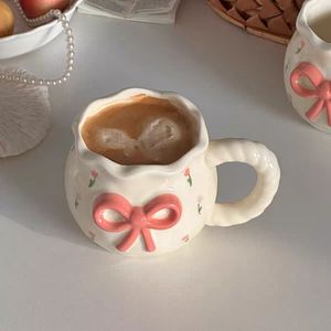 Wholesale Ins Style <strong>Handmade</strong> <strong>Ceramic</strong> Cup Couple Gift <strong>Mugs</strong> Pink Bow Coffee Cups Irregular <strong>Mug</strong> with Handle 350ml - Product Image 1