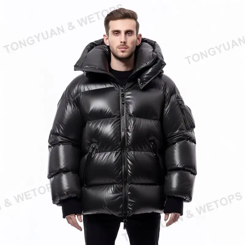Unisex Hooded Black Heavy Designer Parka Men's Down Coat Oem Winter Padded Bubble Plus Size Custom Logo Men Shiny Puffer Jacket